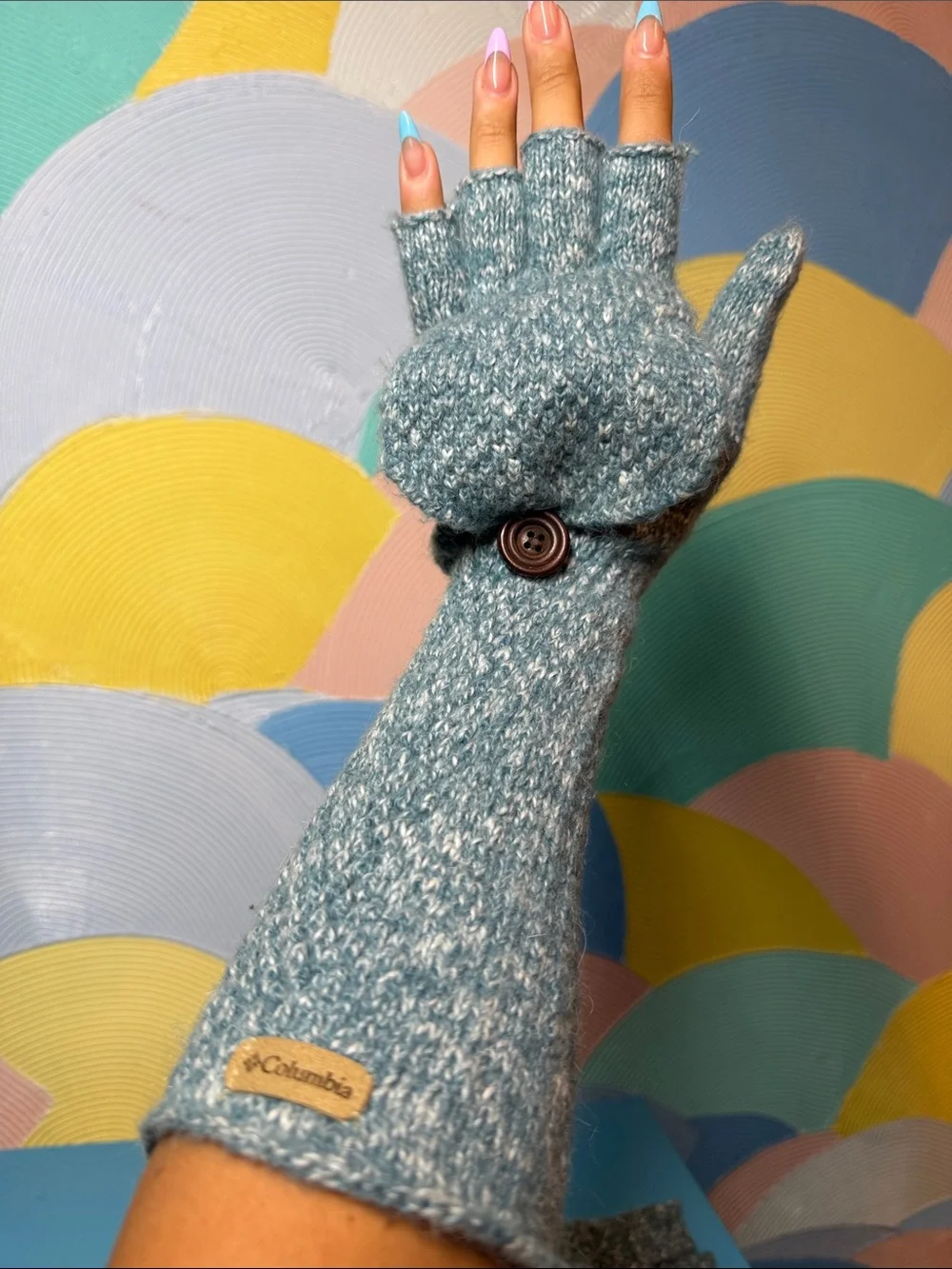 Columbia Flip Top Glittens Fingerless Convertible Mittens Blue Knit